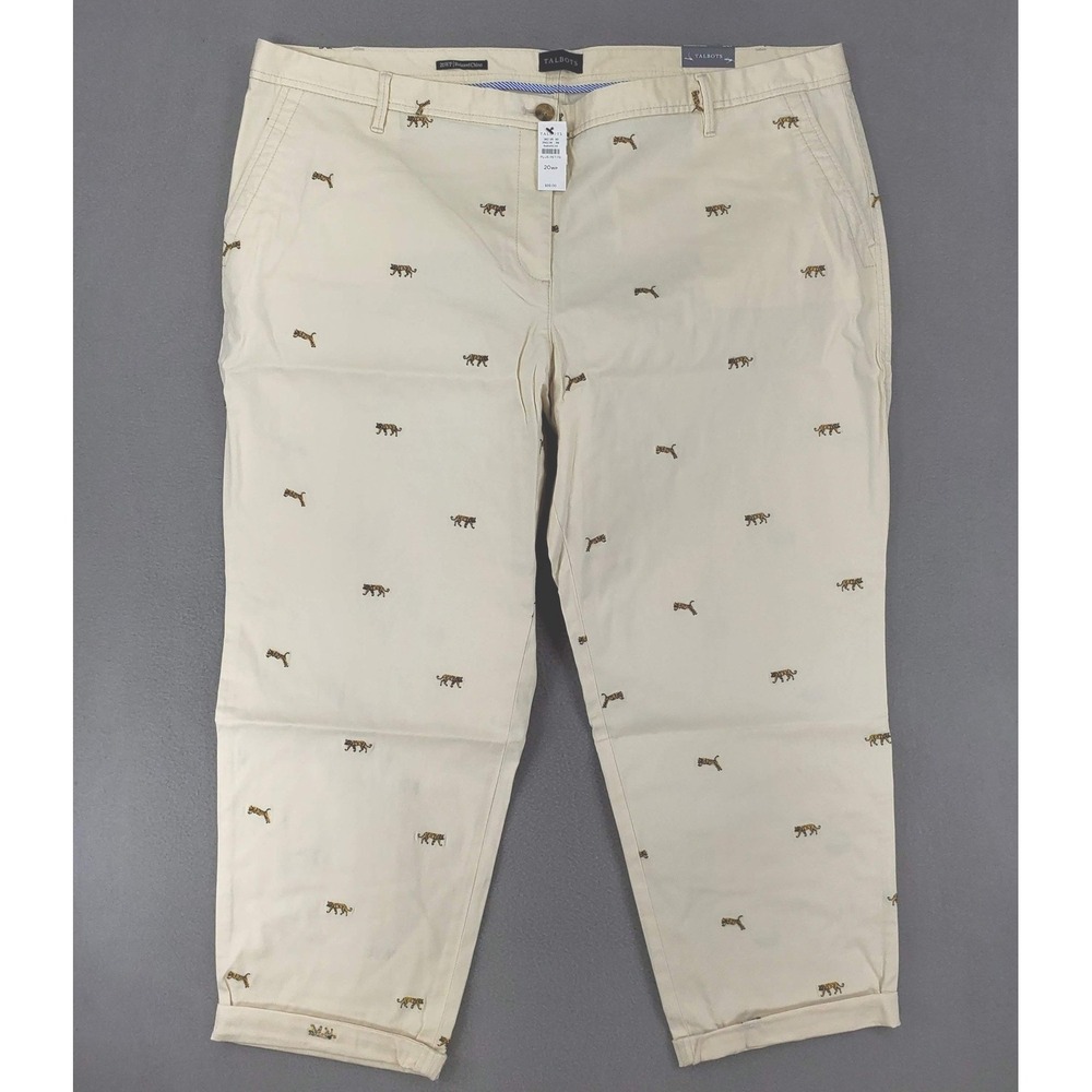 Talbots Relaxed Chino Pants Sz 20WP Petite Beige Tiger Embroidered Ankle NEW
